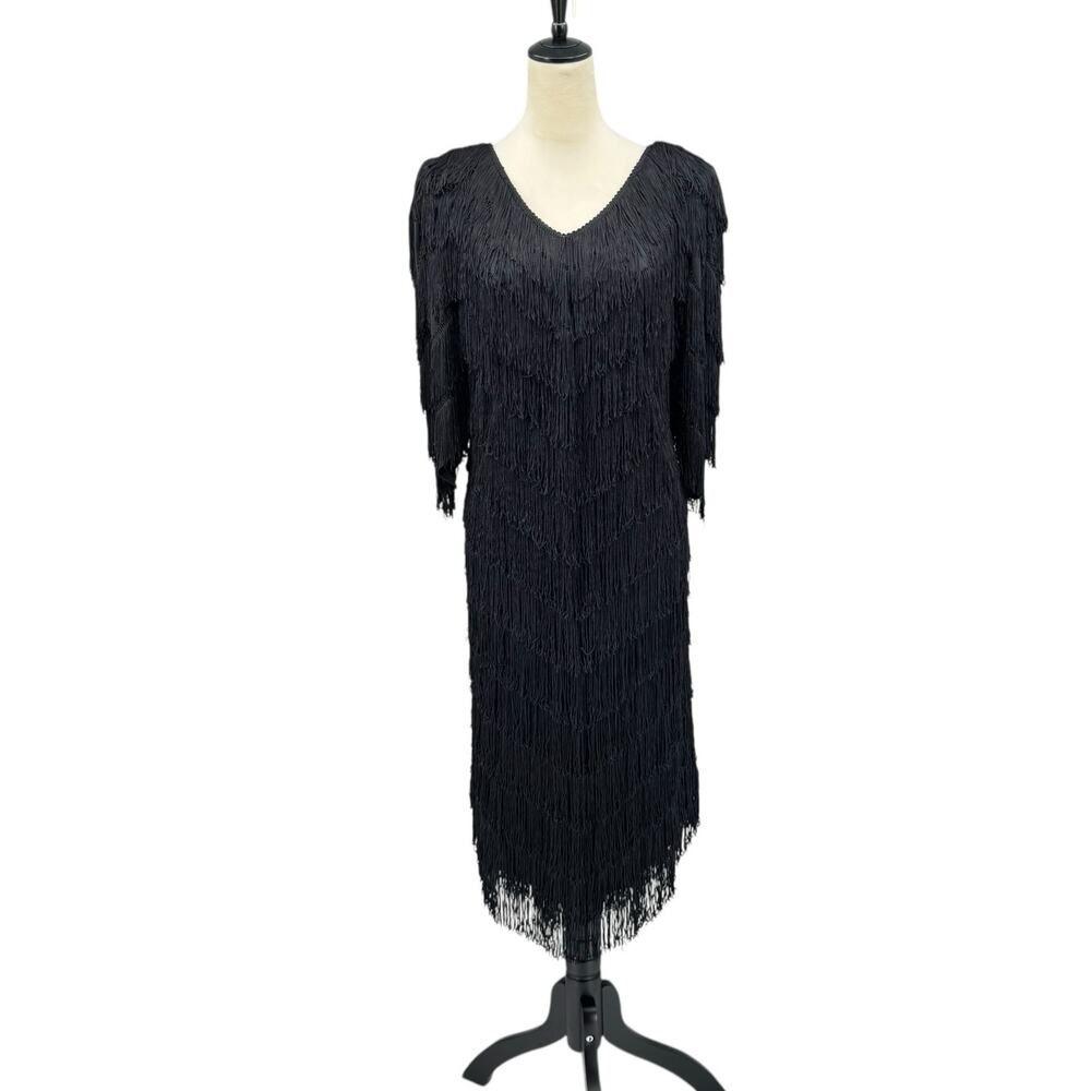 Vintage 80's Samantha O. Black Tiered Fringe V-neck Shift Midi Cocktail Dress